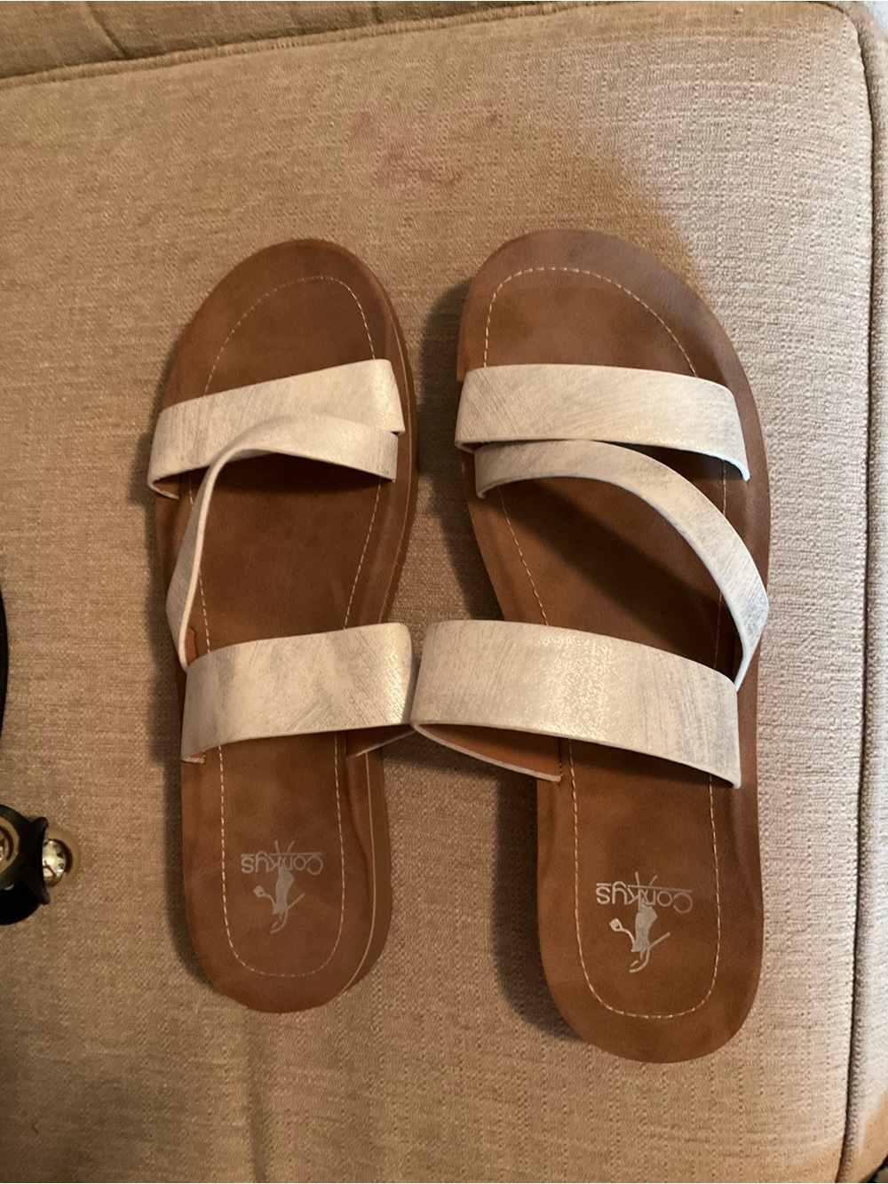 Corkys Women’s Cream Metallic Triple-Strap Slide Sandals